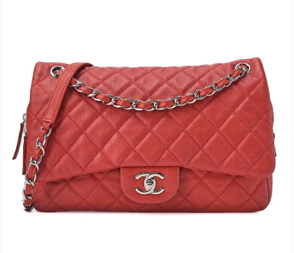 Sac à bandoulière CHANEL Deca matelassé à rabat simple en cuir caviar rouge avec bandoulière chaîne et finitions argentées