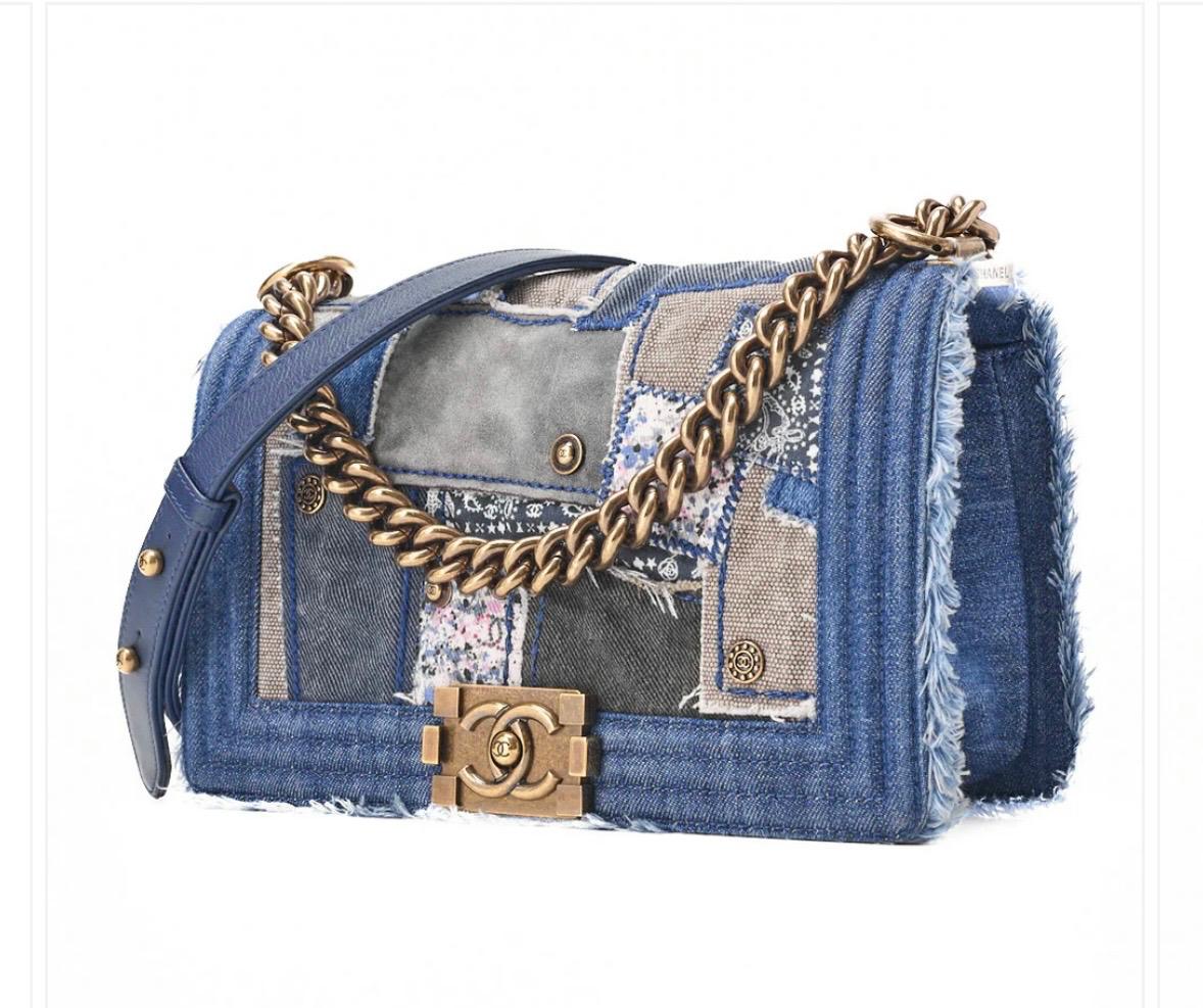 Sac CHANEL Boy patchwork denim bleu - Chaîne Dorée /Eternel Luxe
