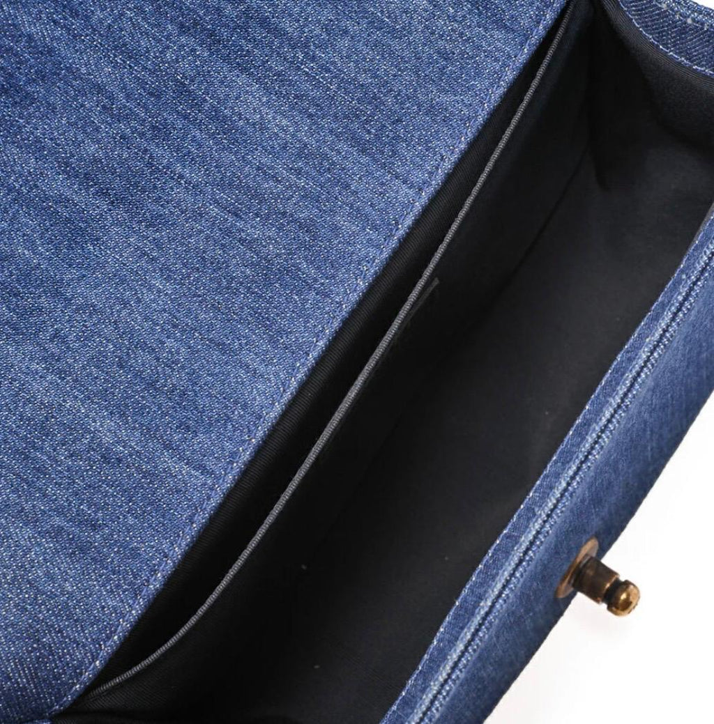 Sac CHANEL Boy patchwork denim bleu - Chaîne Dorée /Eternel Luxe