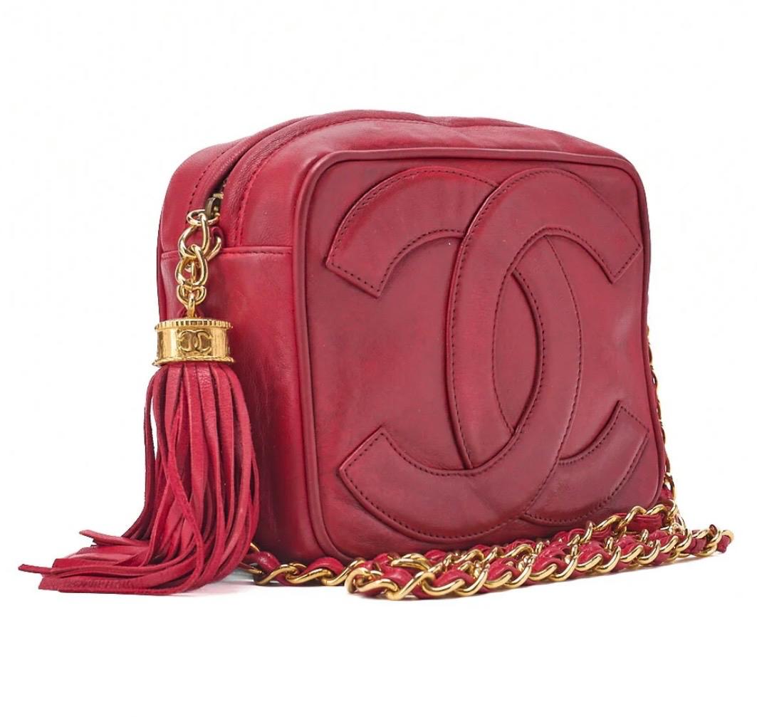 Sac Chanel Coco Mark Matelassé Rouge Cuir Agneau – Chaîne à Franges Vintage
