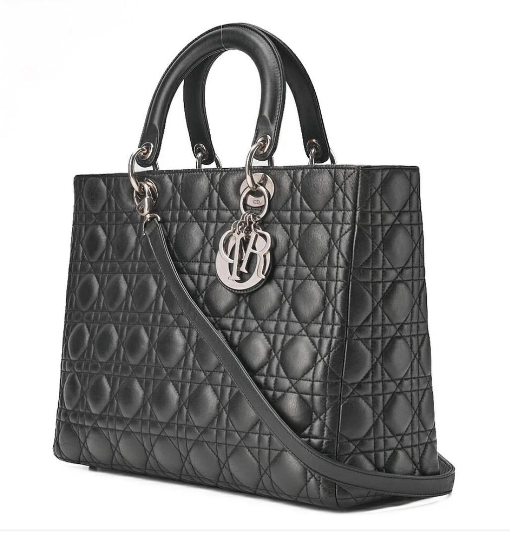 Sac Dior Lady Dior Cannage grand format noir – cuir d’agneau | Sac Dior occasion authentifié