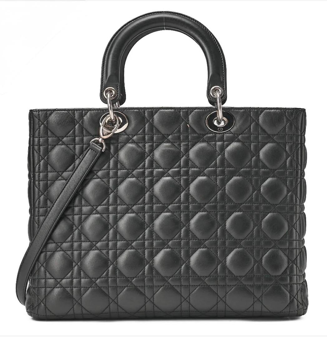 Sac Dior Lady Dior Cannage grand format noir – cuir d’agneau | Sac Dior occasion authentifié