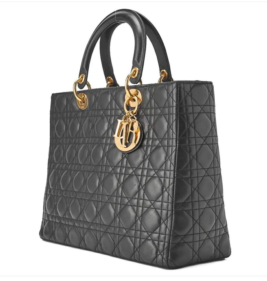Sac Dior Lady Dior Cannage grand format noir cuir d’agneau – finitions dorées | Sac Dior occasion authentifié