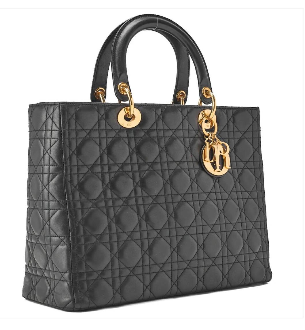 Sac Dior Lady Dior Cannage grand format noir cuir d’agneau – finitions dorées | Sac Dior occasion authentifié