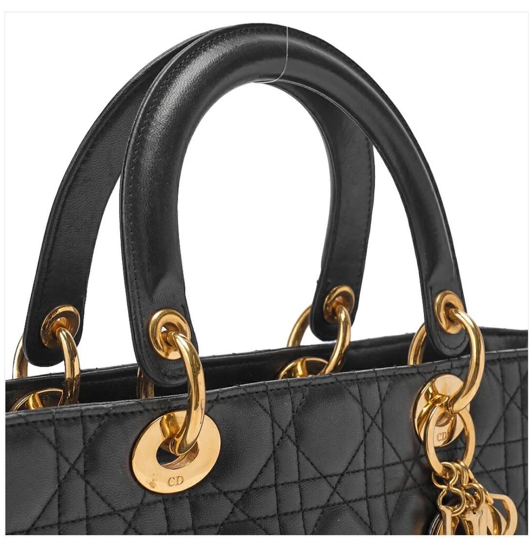 Sac Dior Lady Dior Cannage grand format noir cuir d’agneau – finitions dorées | Sac Dior occasion authentifié