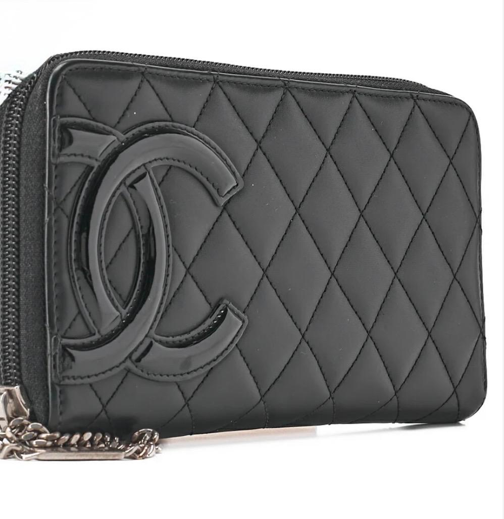 Portefeuille Chanel Cambon Line noir matelassé cuir de veau – portefeuille long zippé occasion authentique