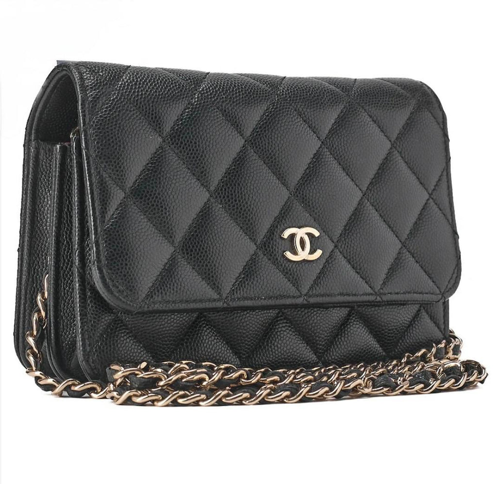 Portefeuille Chanel mini matelassé noir cuir caviar à chaîne – portefeuille luxe occasion authentique