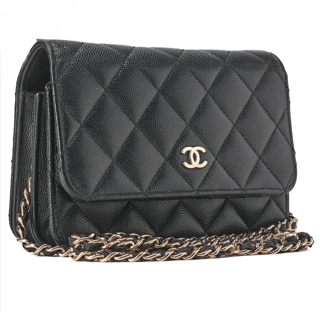 Portefeuille Chanel mini matelassé noir cuir caviar à chaîne – portefeuille luxe occasion authentique