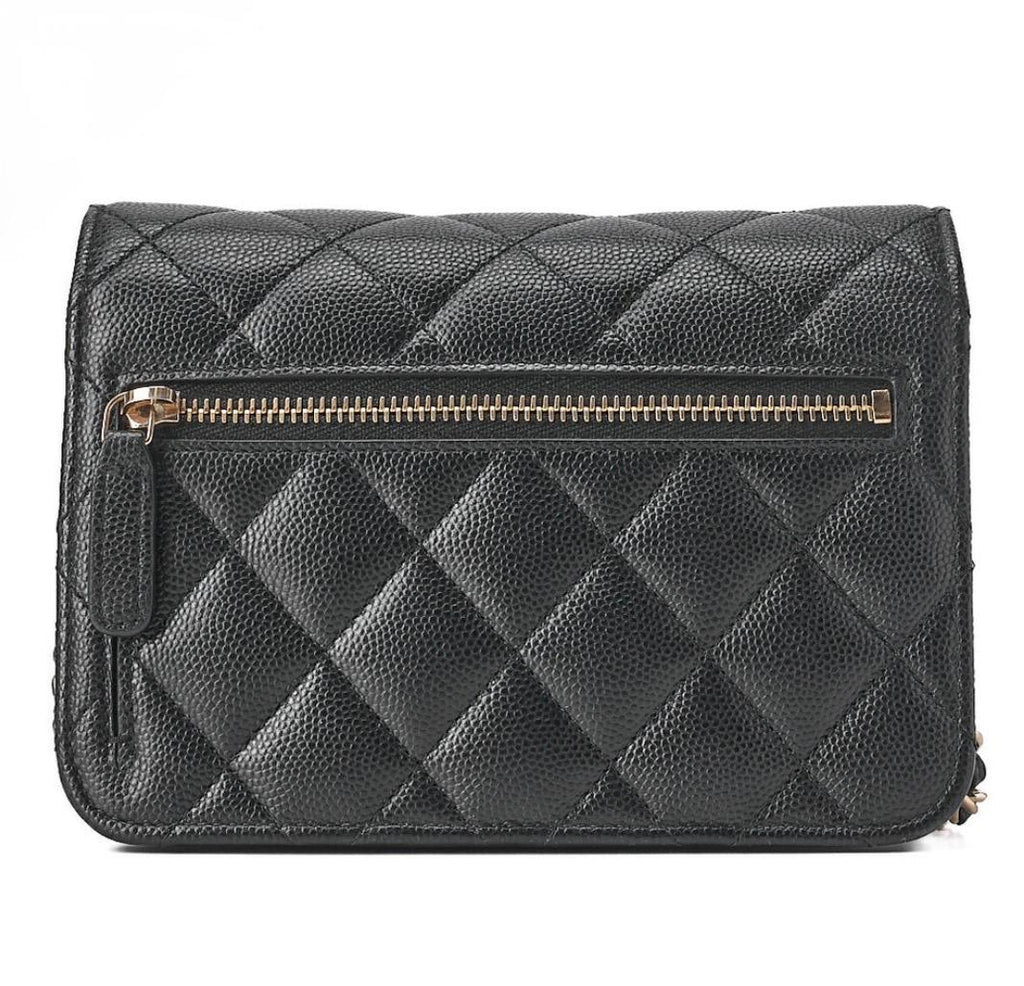 Portefeuille Chanel mini matelassé noir cuir caviar à chaîne – portefeuille luxe occasion authentique