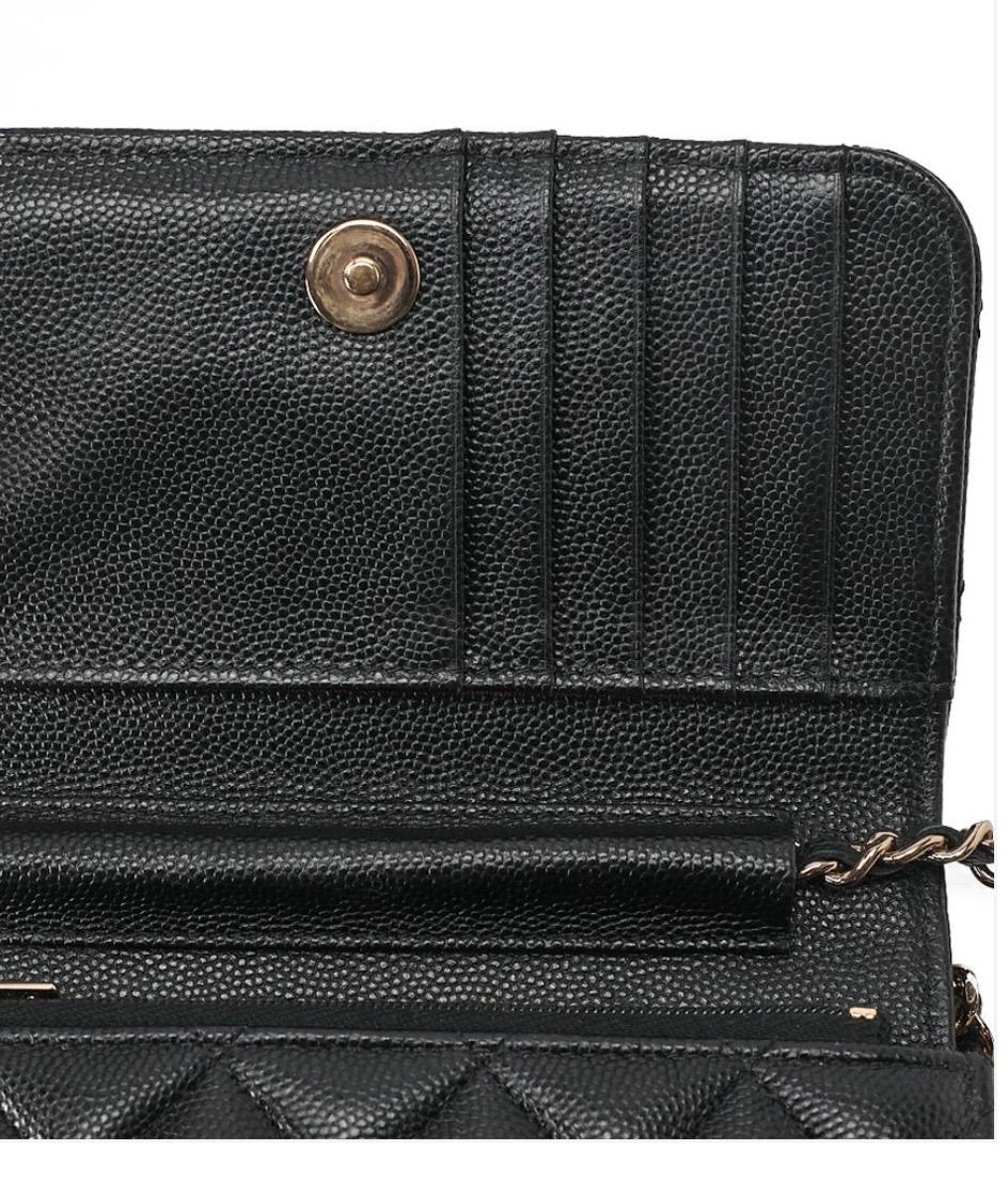 Portefeuille Chanel mini matelassé noir cuir caviar à chaîne – portefeuille luxe occasion authentique