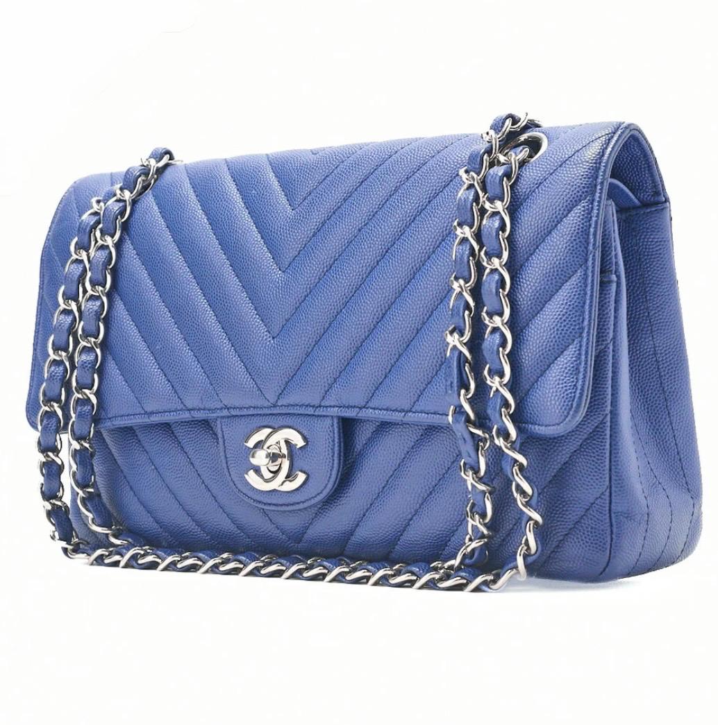 Sac Chanel Double Rabat Bleu Cuir Caviar – Chaîne Argentée