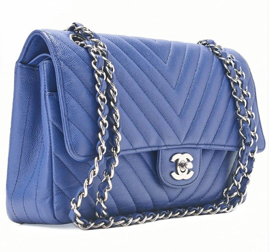 Sac Chanel Double Rabat Bleu Cuir Caviar – Chaîne Argentée
