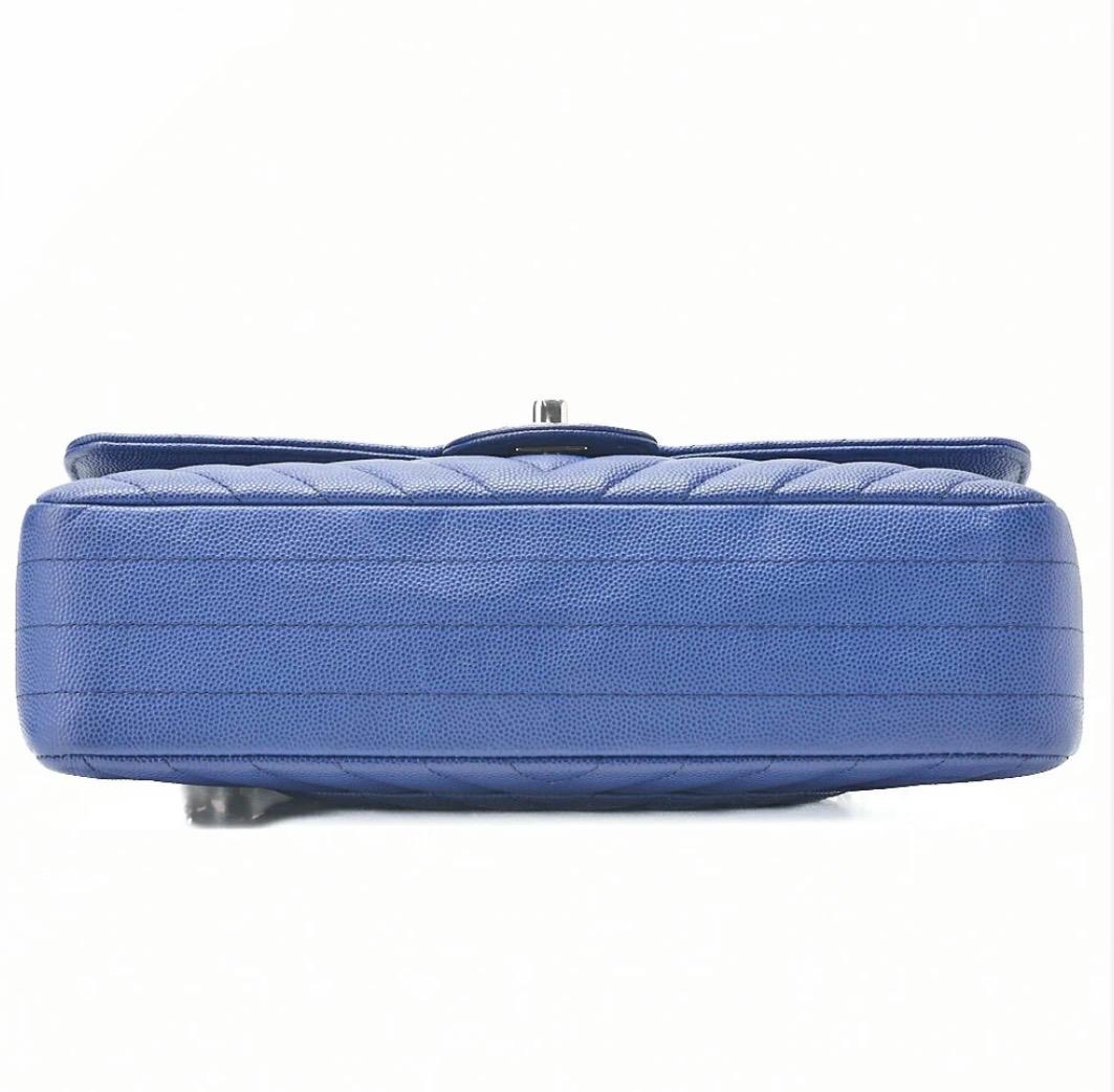 Sac Chanel Double Rabat Bleu Cuir Caviar – Chaîne Argentée