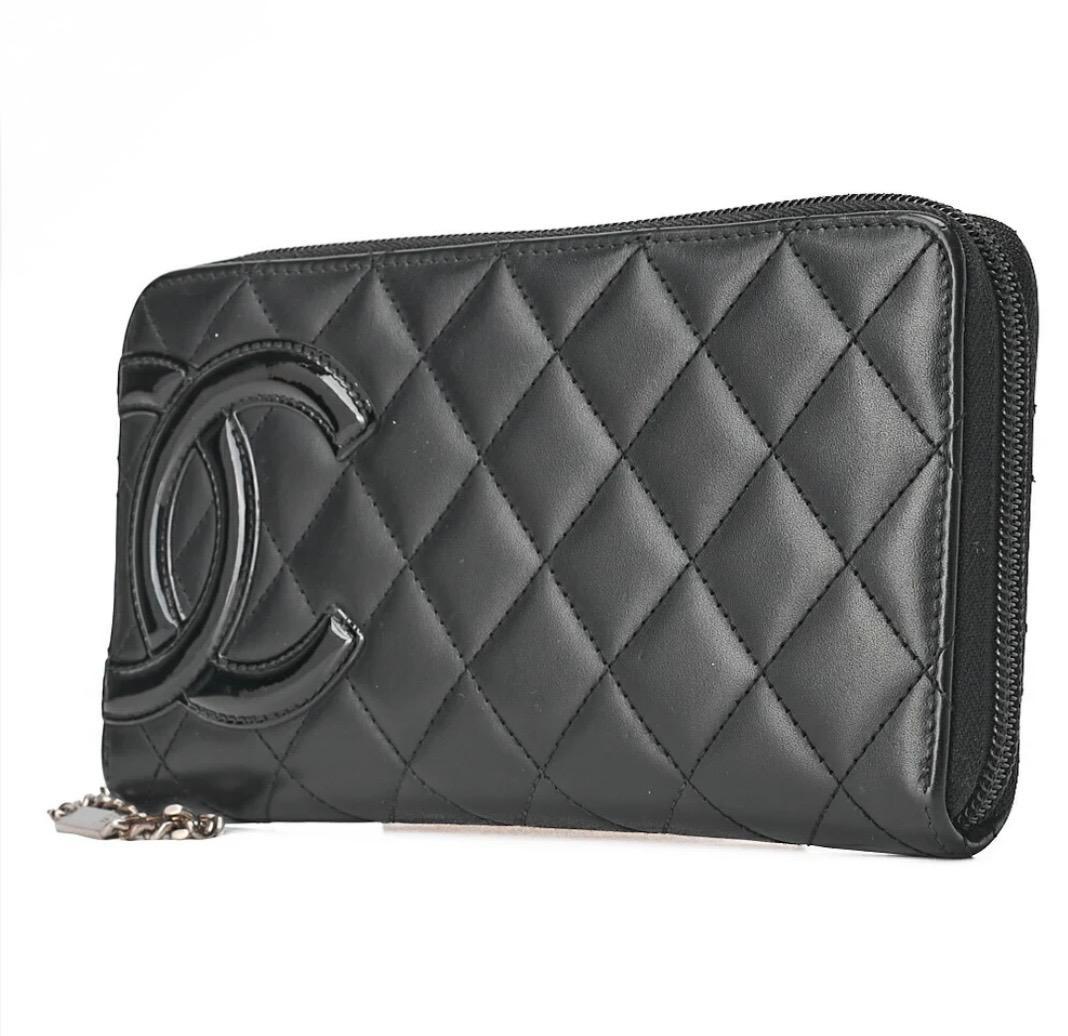 Portefeuille Chanel Cambon Line noir matelassé cuir de veau – portefeuille long zippé occasion authentique