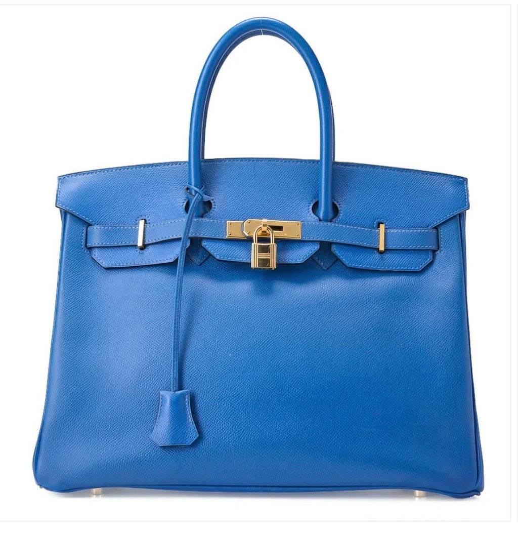 Sac Hermès Birkin 35 cuir Kushbel bleu France avec finitions dorées, sac de luxe seconde main authentifié
