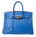 Sac Hermès Birkin 35 cuir Kushbel bleu France avec finitions dorées, sac de luxe seconde main authentifié
