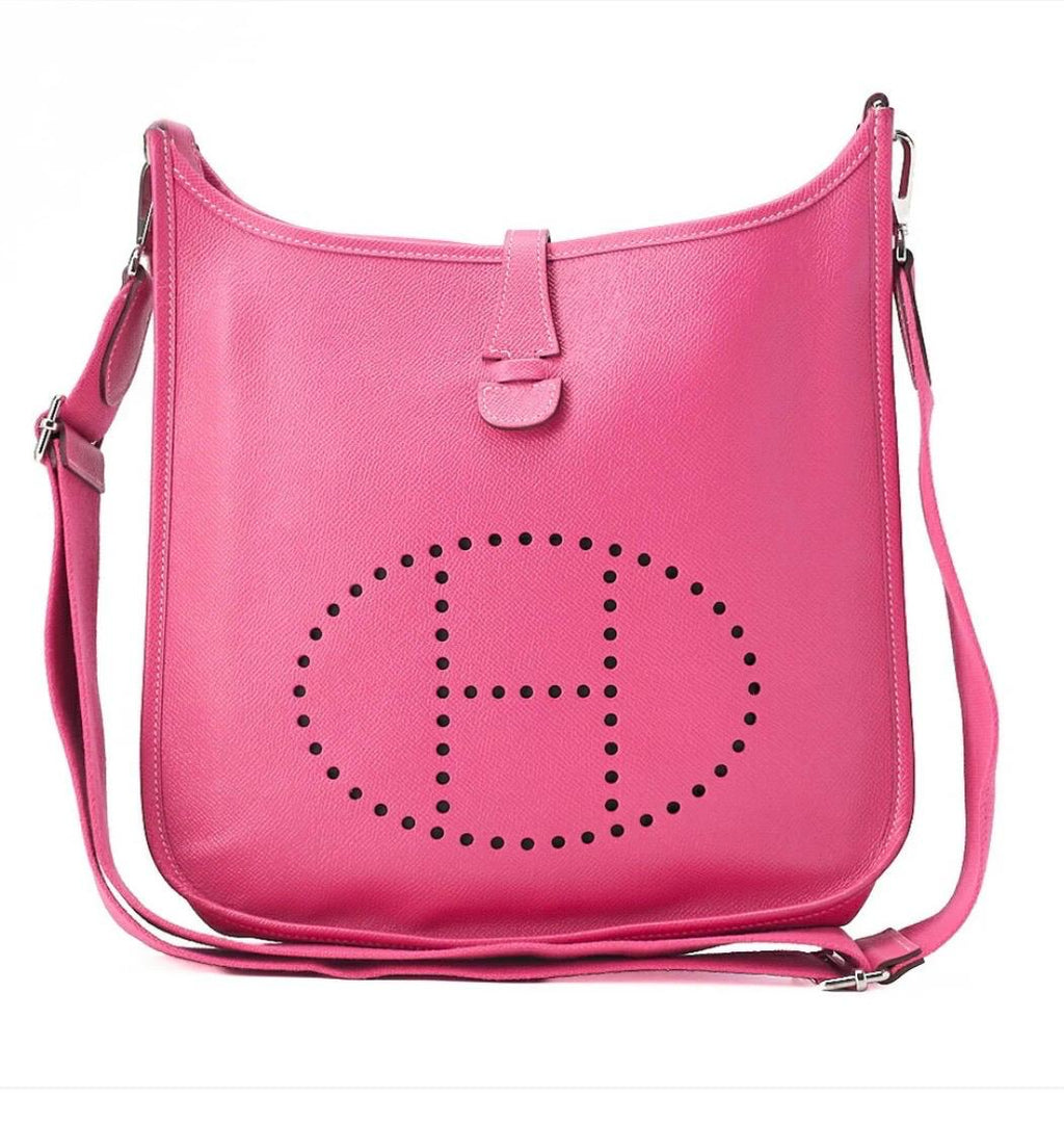 Sac Hermès Evelyne PM3 Trois Magnolia en cuir Epsom avec finitions argentées, sac bandoulière luxe seconde main authentifié