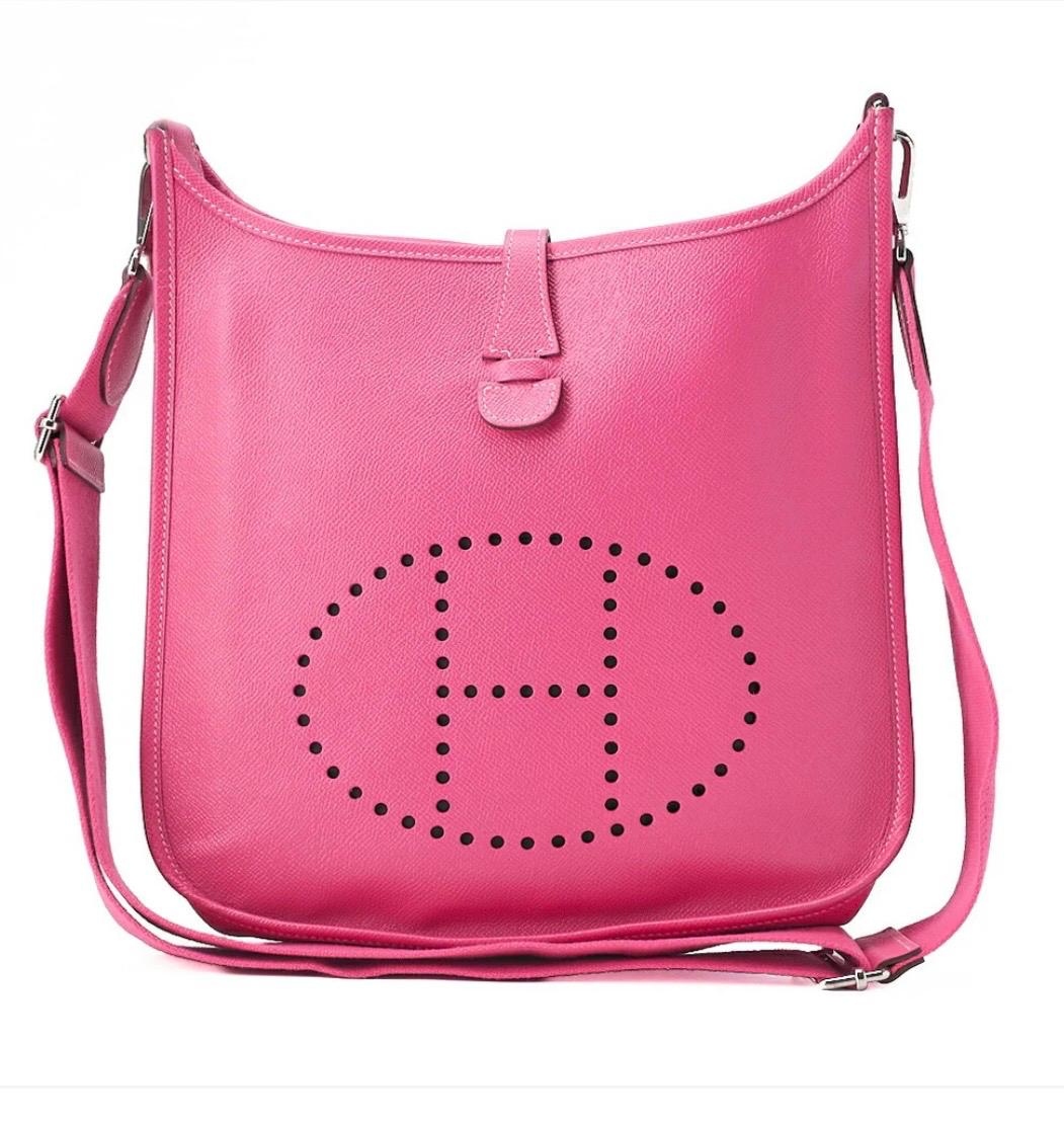 Sac Hermès Evelyne PM3 Trois Magnolia en cuir Epsom avec finitions argentées, sac bandoulière luxe seconde main authentifié