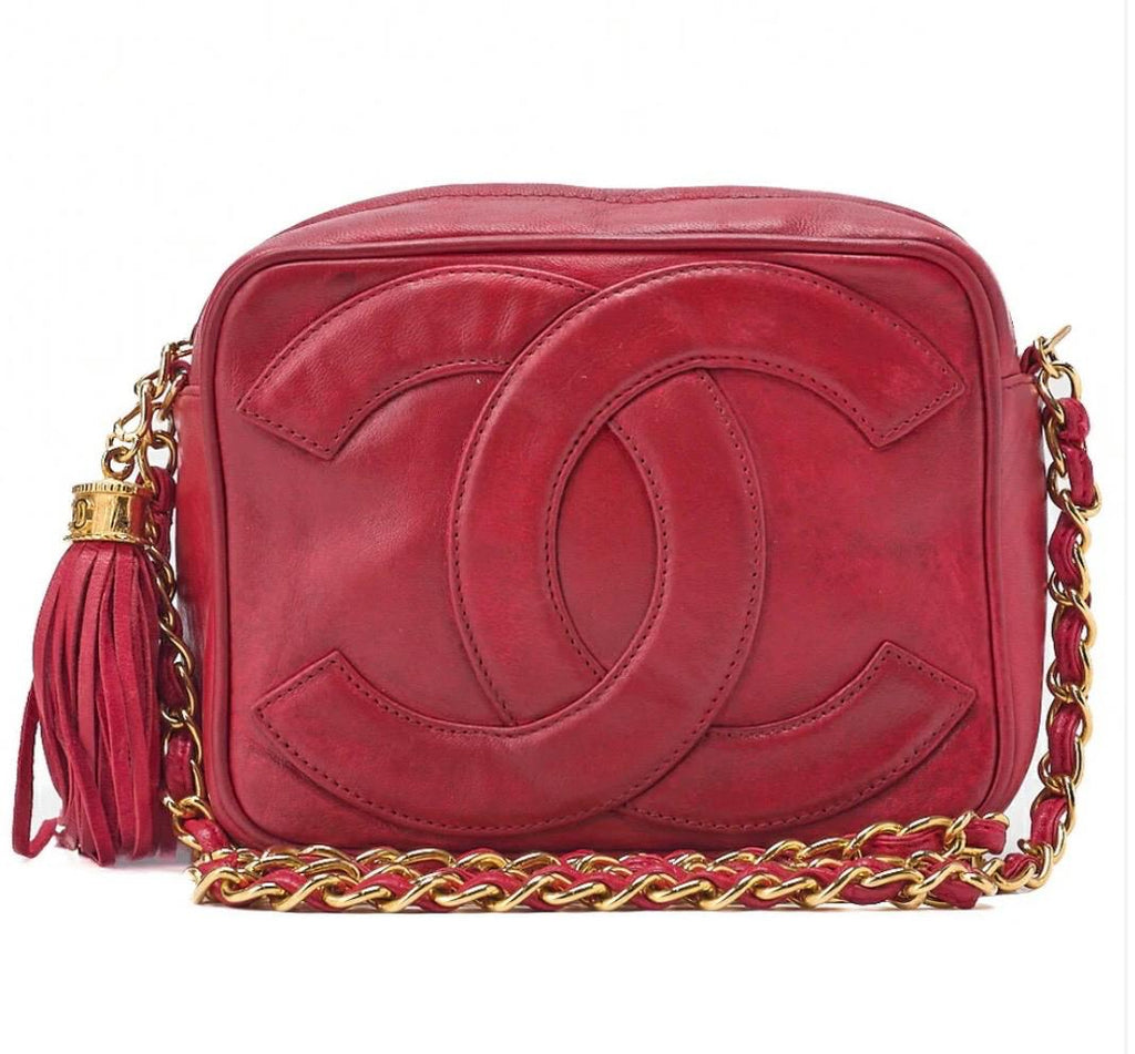 Sac Chanel Coco Mark matelassé rouge en cuir d’agneau avec chaîne à franges vintage
