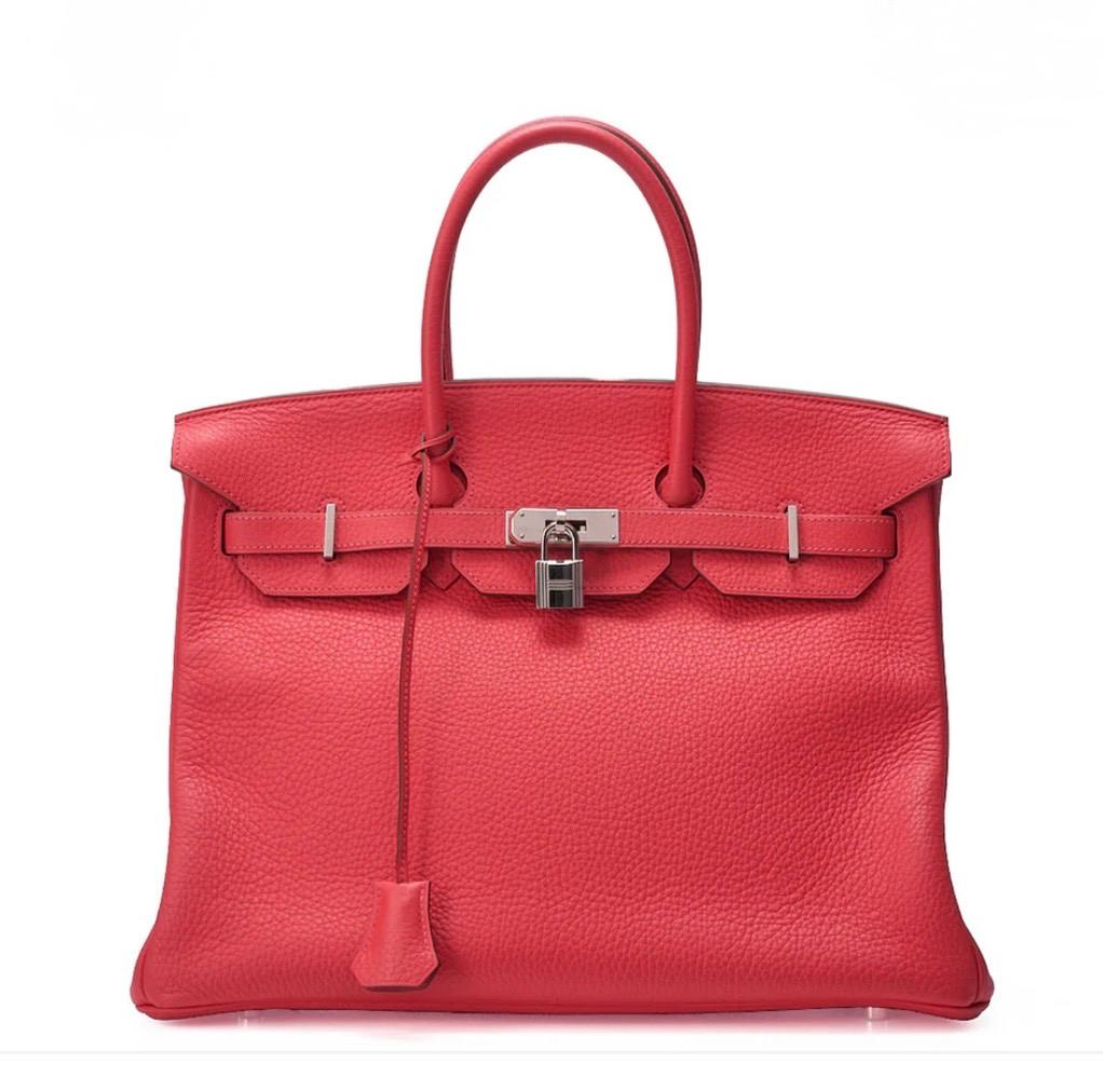 Sac Hermès Birkin 35 Bougainvillea en cuir Taurillon Clémence avec finitions argentées, modèle iconique occasion authentifié