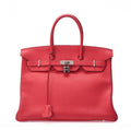Sac Hermès Birkin 35 Bougainvillea en cuir Taurillon Clémence avec finitions argentées, modèle iconique occasion authentifié